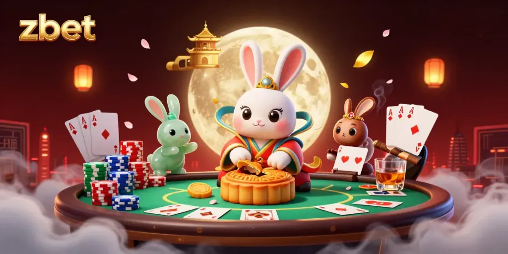 Zbet promotes an engaging poker experience with colorful chips and a lunar-themed backdrop.