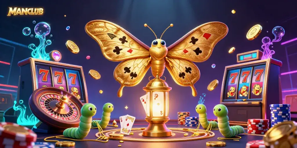 Engage with the vibrant MANCLUB scene featuring a majestic moth and casino elements in a 3D illustration.