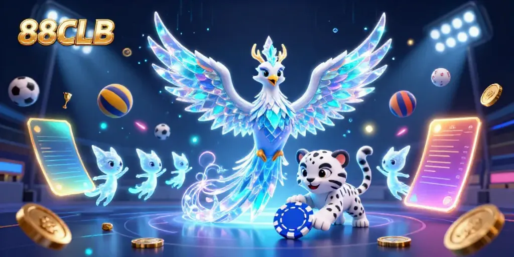 Play with 88CLB's dazzling casino games featuring an ice phoenix and vibrant sports elements.