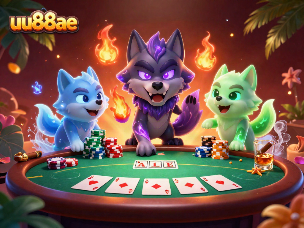 Engage in thrilling card action at uu88ae with a dramatic poker scene and mystical wolf characters.