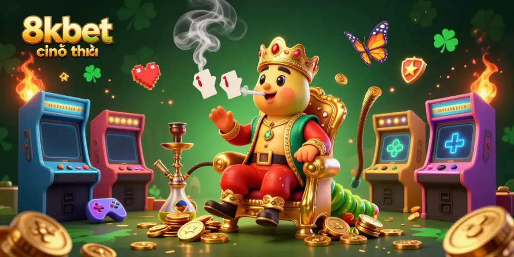 Engage with the colorful 8kbet chính thức casino illustration featuring a whimsical caterpillar sultan surrounded by vibrant arcade games.