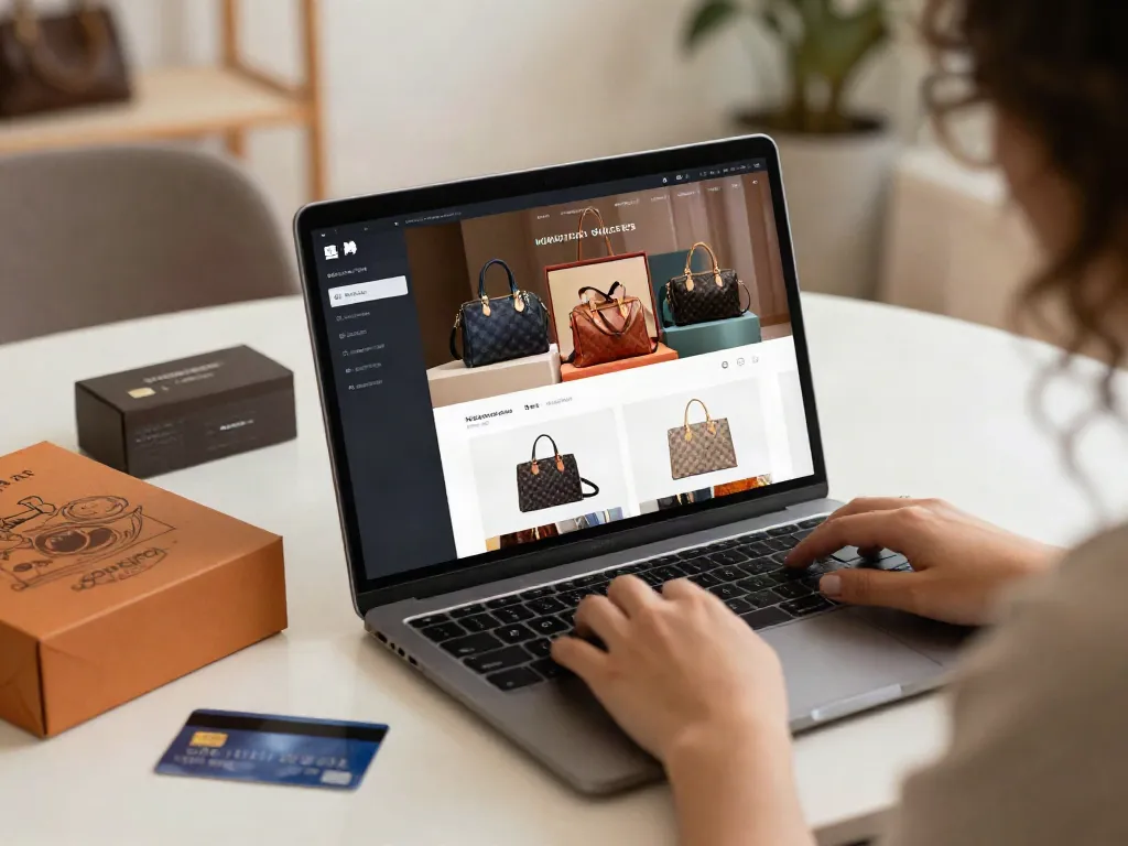 Online shopping for premium bags with a cozy setup and designer packaging.