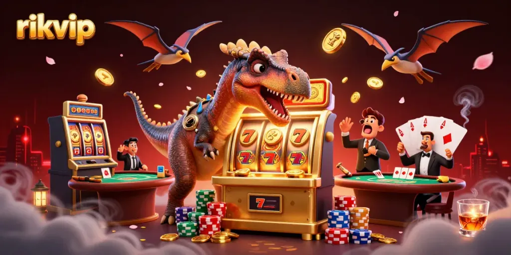 Experience the thrill of rikvip with a dinosaur-themed slot machine jackpot scene filled with dynamic casino elements.