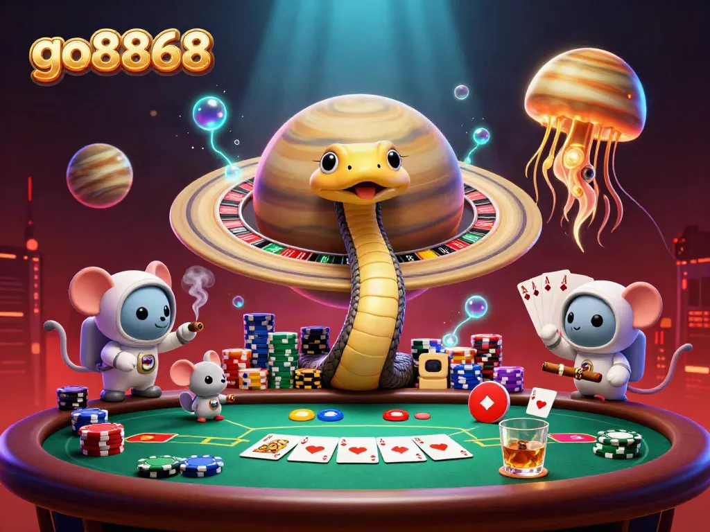Engaging scene of astronaut mice placing bets on Saturn's roulette ring for go8868, featuring vibrant casino elements.