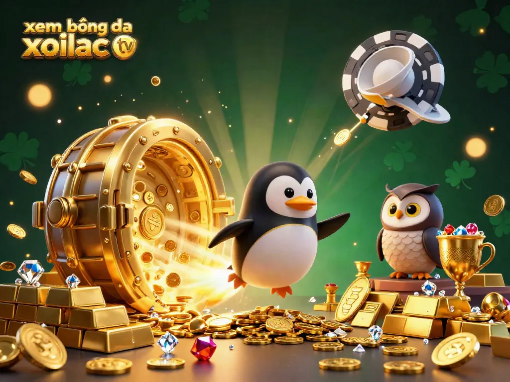 Xem bóng đá xoilac tv showcases a vibrant casino scene with a golden penguin character amidst dynamic elements.
