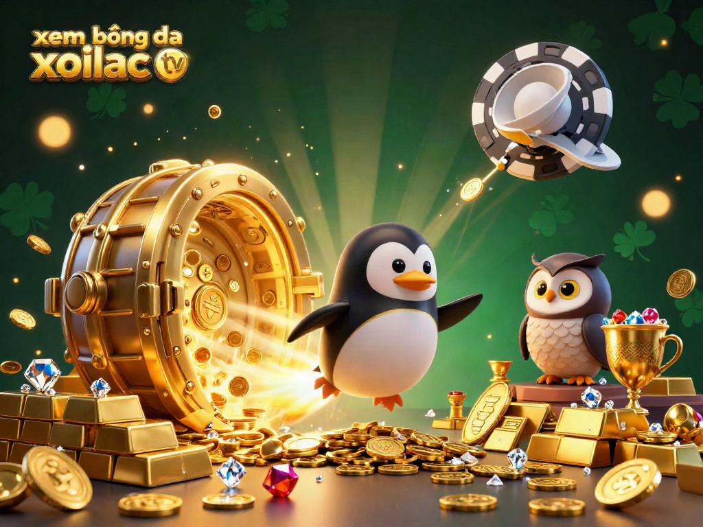 Xem bóng đá xoilac tv showcases a vibrant casino scene with a golden penguin character amidst dynamic elements.