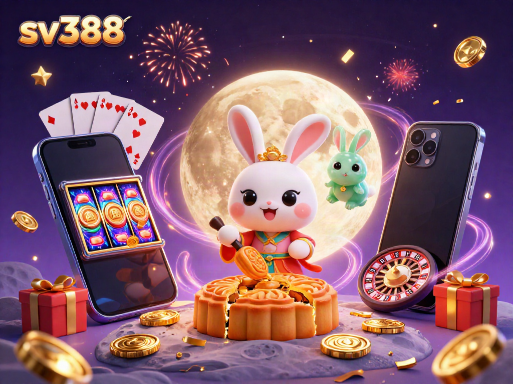 Experience the excitement of sv388 with this vibrant 3D moon rabbit illustration featuring poker chips and casino elements.