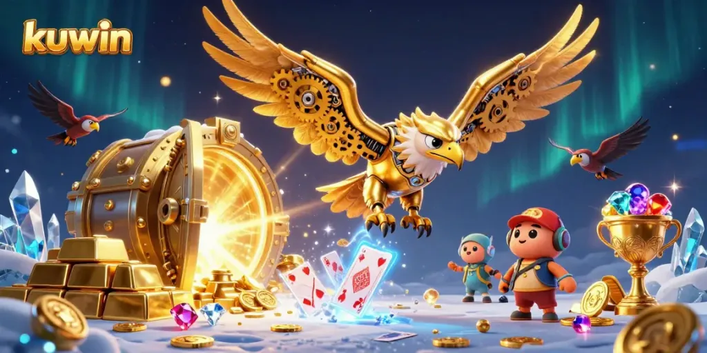 kuwin's immersive winning experience with a golden eagle surrounded by dazzling casino treasures and holographic cards.