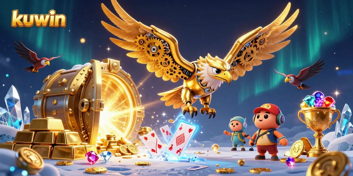 kuwin's immersive winning experience with a golden eagle surrounded by dazzling casino treasures and holographic cards.