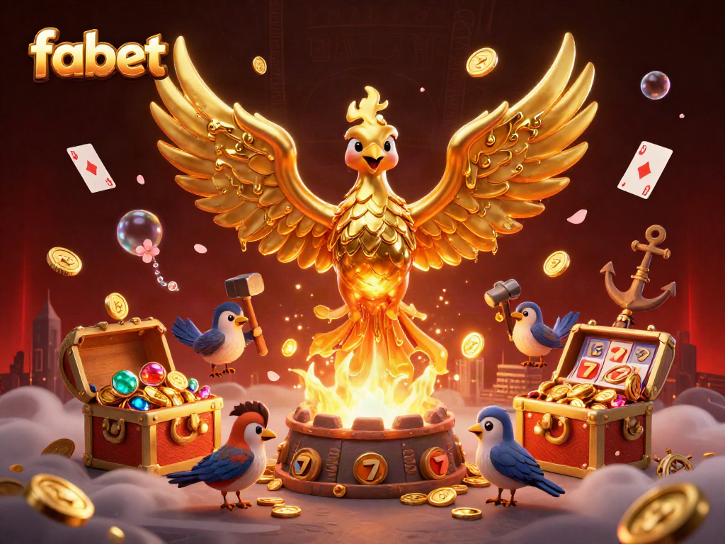 Experience dynamic gaming action with fabet's molten phoenix and treasure in a vibrant casino scene.