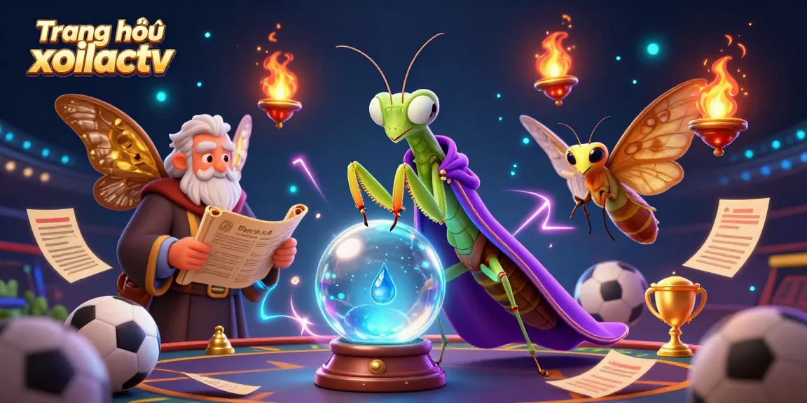 Engage with Trang chủ xoilactv as a vibrant sports betting scene unfolds with a mystical praying mantis and wise moth.