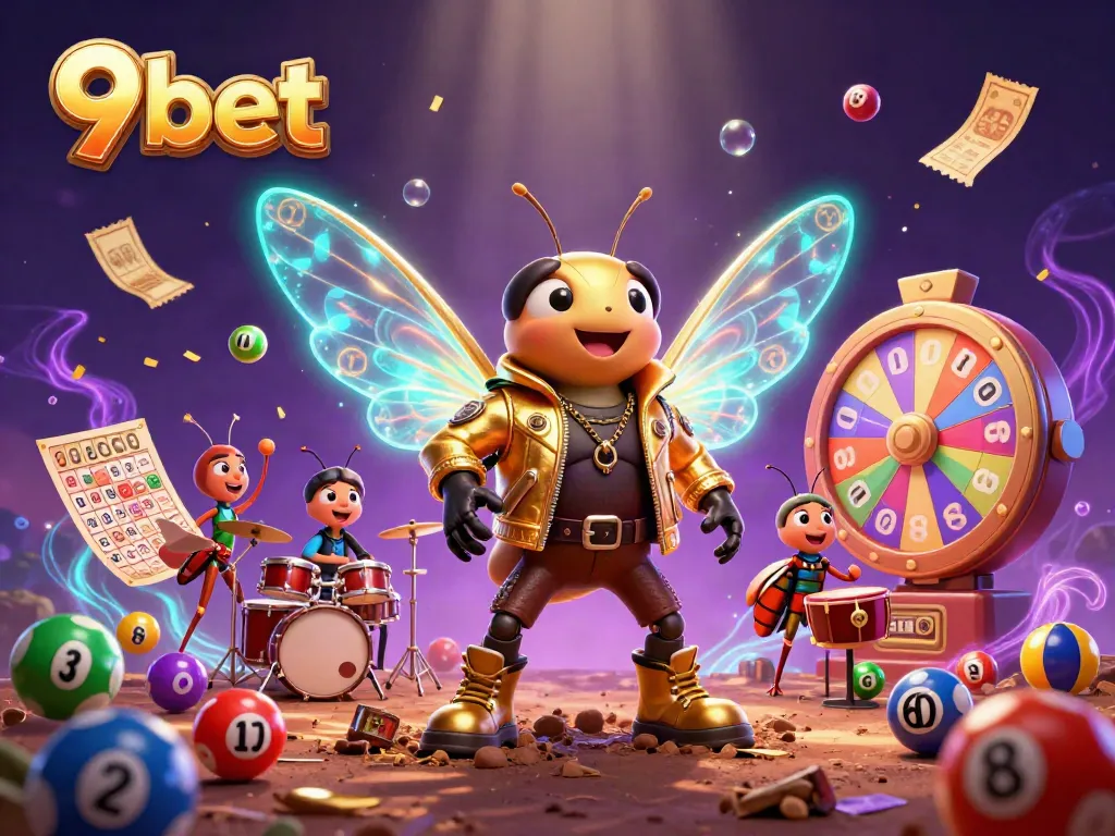 Experience dynamic gaming with 9bet's vibrant 3D illustration featuring engaging characters and lottery elements.