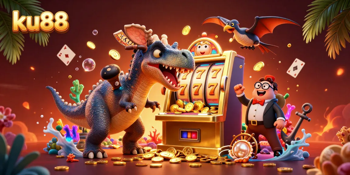 ku88 dinosaur headbutting a slot machine beside a distressed manager in a vibrant casino scene