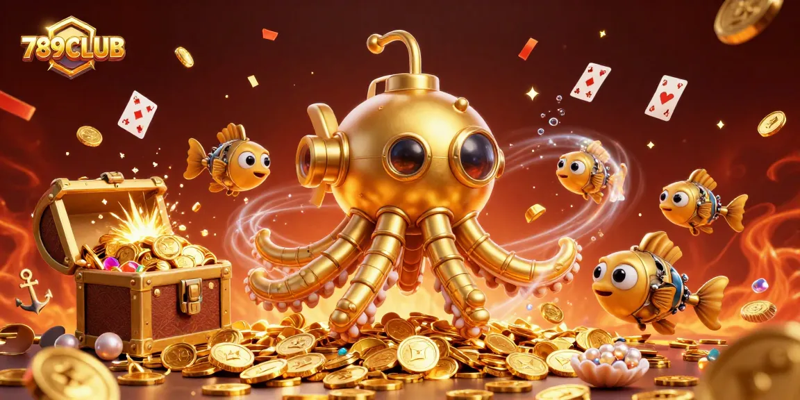 Engage in thrilling 789CLUB gameplay with stunning visuals of a golden kraken submarine and treasures.