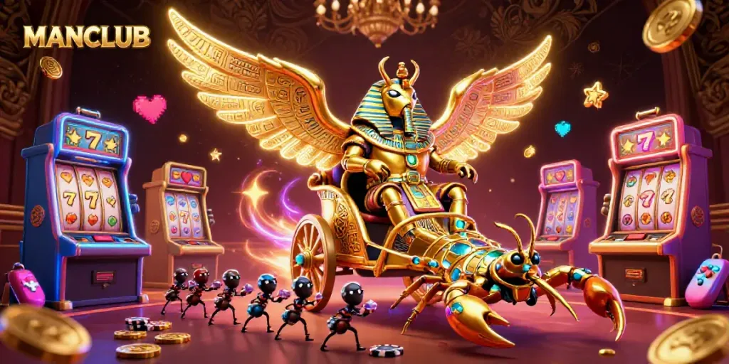 Experience thrilling gameplay at MANCLUB with vibrant casino action featuring slot machines and golden characters.