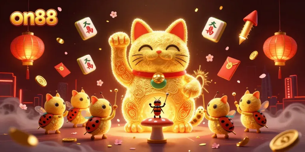 Experience thrilling gaming excitement with on88’s vibrant lucky cat illustration featuring casino symbols.