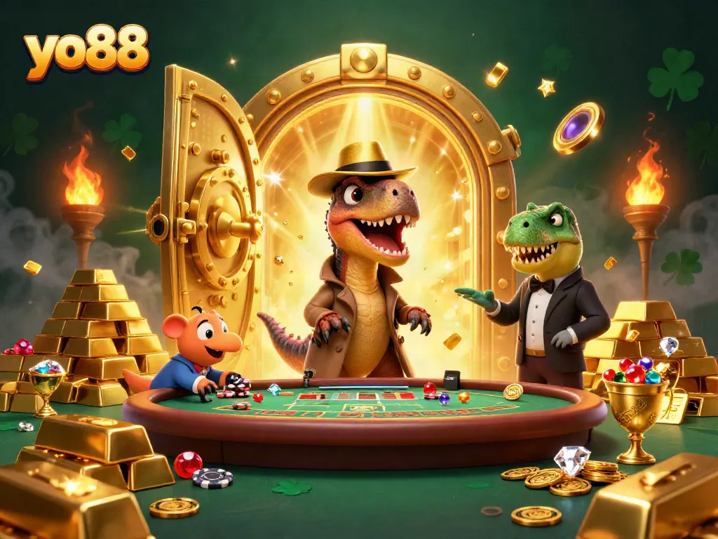 Engage with yo88's thrilling casino scene featuring a clever velociraptor card counter in action.