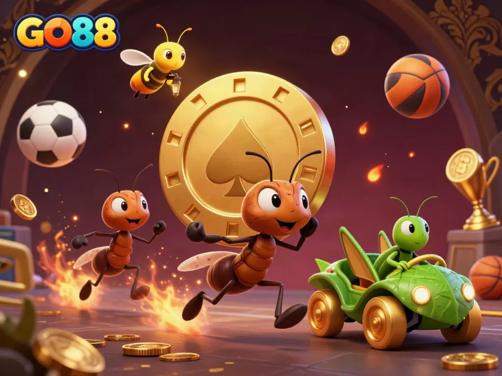 Engage with GO88 as animated ants execute their heist while showcasing gambling excitement.