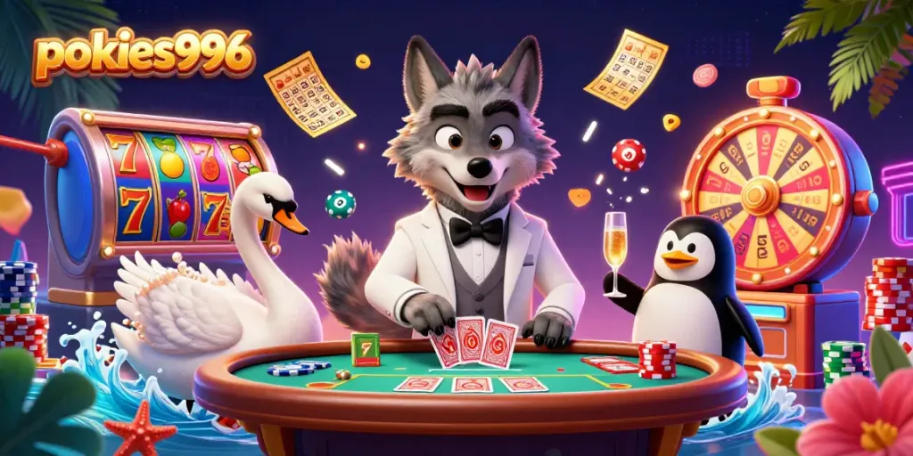 Engage with pokies996 featuring a debonair wolf and elegant characters amidst colorful slots and dynamic winning elements.
