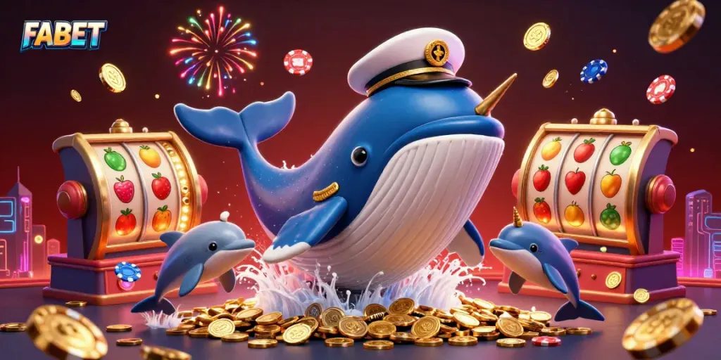 FABET enhances your gaming experience with a vibrant 3D cartoon whale breaching in a sea of casino symbols.
