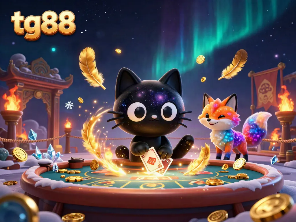 Experience tg88's cosmic casino action with a whimsical black hole cat and a nebula fox amidst vibrant gameplay elements.