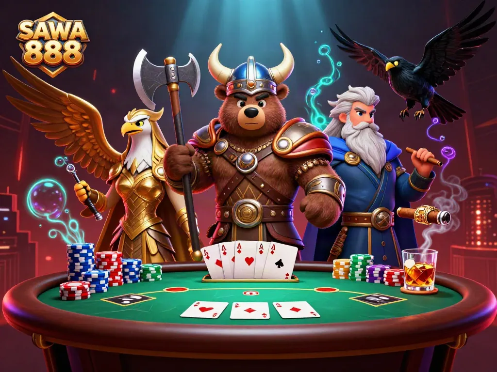 Experience thrilling SAWA 888 gaming moments with a Viking bear and Valkyrie eagle amid vibrant casino action.