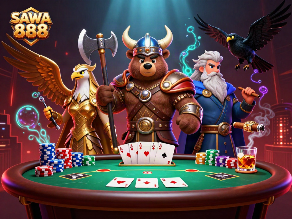 Experience thrilling SAWA 888 gaming moments with a Viking bear and Valkyrie eagle amid vibrant casino action.