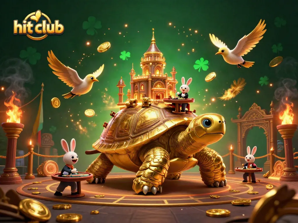 Experience thrilling gameplay at hit club with a vibrant 3D illustration featuring a golden tortoise casino and lively characters.
