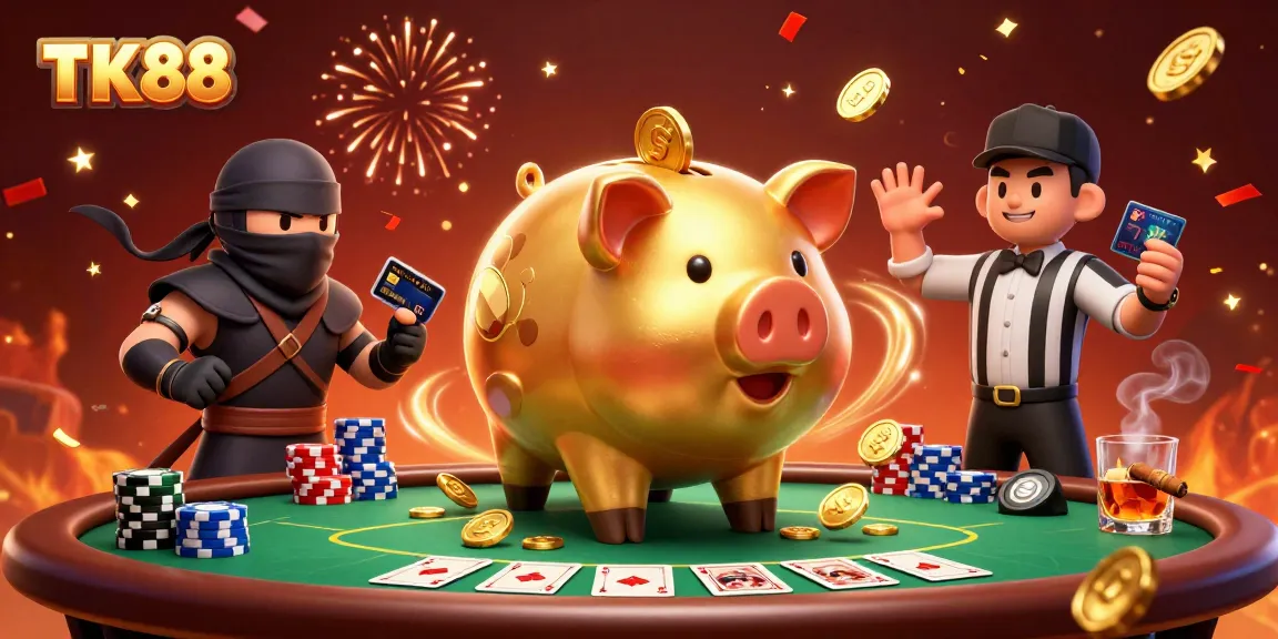 Experience exciting gaming action at TK88 with a 3D golden piggy bank sumo wrestler and poker elements.