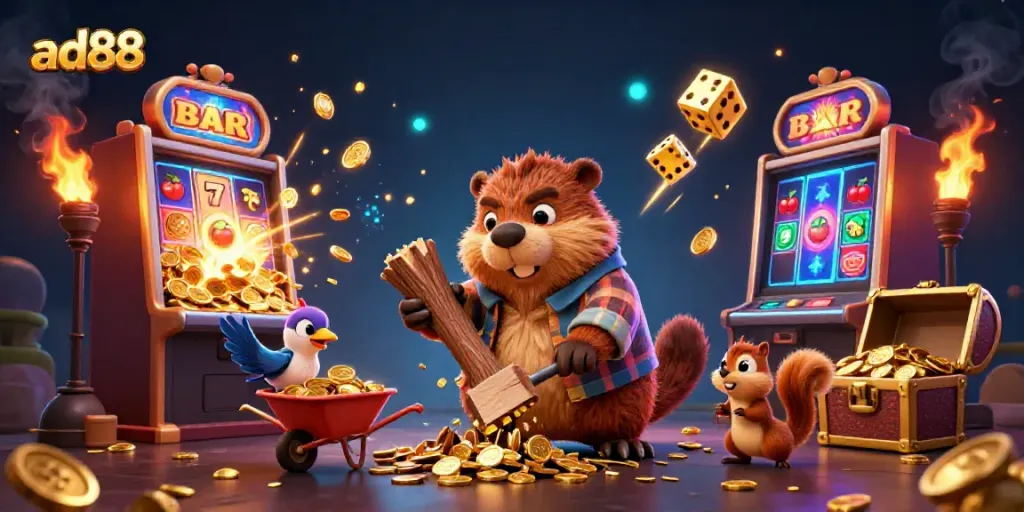 Win big on ad88 with a vibrant 3D scene of a beaver, bird, and squirrel celebrating casino jackpots