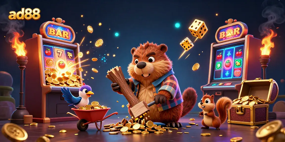 Win big on ad88 with a vibrant 3D scene of a beaver, bird, and squirrel celebrating casino jackpots