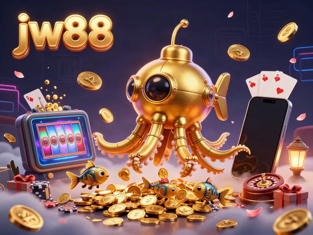 Engage with exciting games at jw88, featuring a vibrant kraken submarine in a treasure-filled casino.