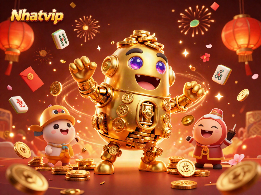 Engage with Nhatvip's thrilling casino games in a vibrant, festive atmosphere filled with golden elements.
