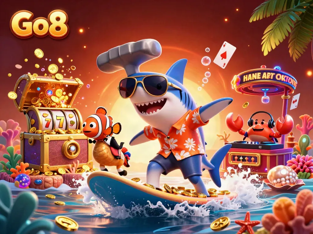 Surfeiting shark and clownfish celebrate winning at Go8 in vibrant ocean setting.