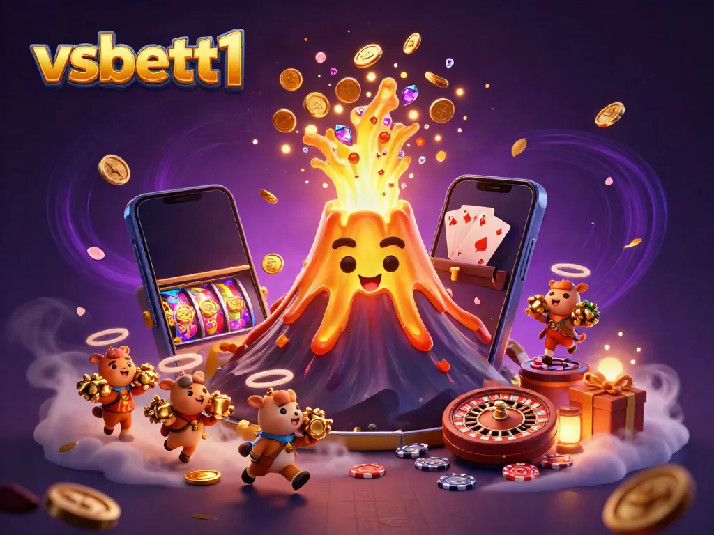 Experience vibrant slots action with vsbett1's golden volcano erupting treasures and gaming elements.