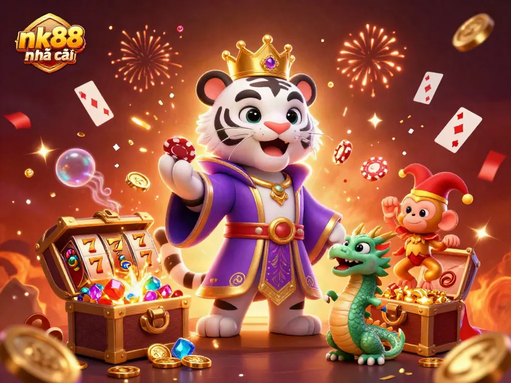 Experience thrilling wins with nk88 nhà cái in this vibrant casino scene featuring a white tiger, golden monkey juggling chips, and action-packed game elements.