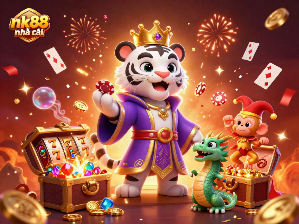 Experience thrilling wins with nk88 nhà cái in this vibrant casino scene featuring a white tiger, golden monkey juggling chips, and action-packed game elements.