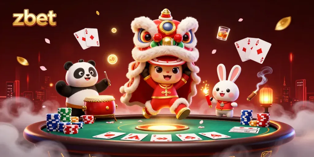Experience winning strategies with zbet in an exciting 3D casino illustration featuring a vibrant lion dance.