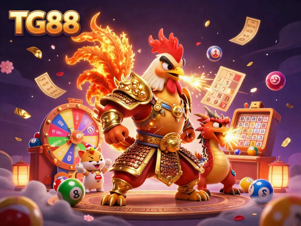 Engage in thrilling adventures with TG88 featuring cartoon rooster warriors and vibrant lottery action.