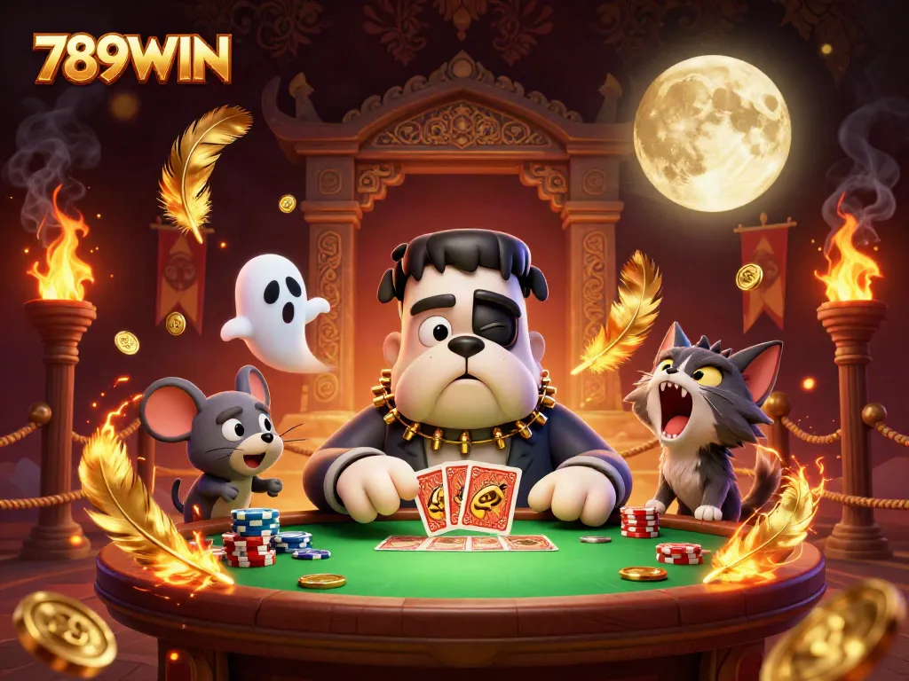 Engage in thrilling play at 789WIN's spooky casino featuring cartoon characters and gambling elements.