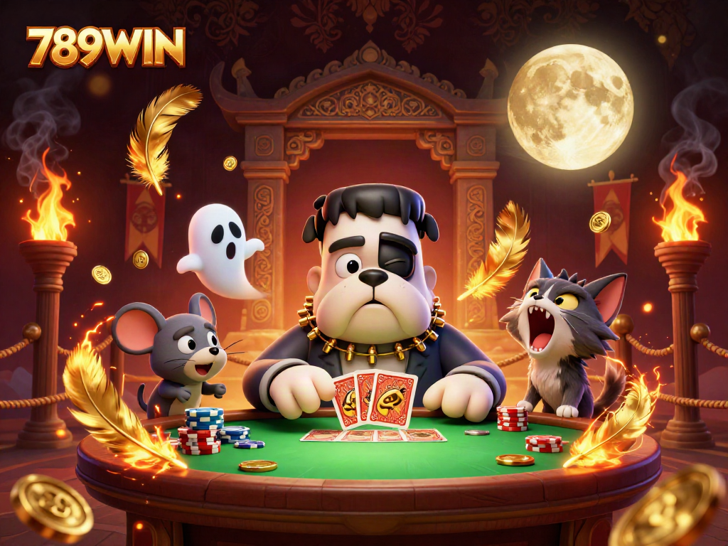Engage in thrilling play at 789WIN's spooky casino featuring cartoon characters and gambling elements.