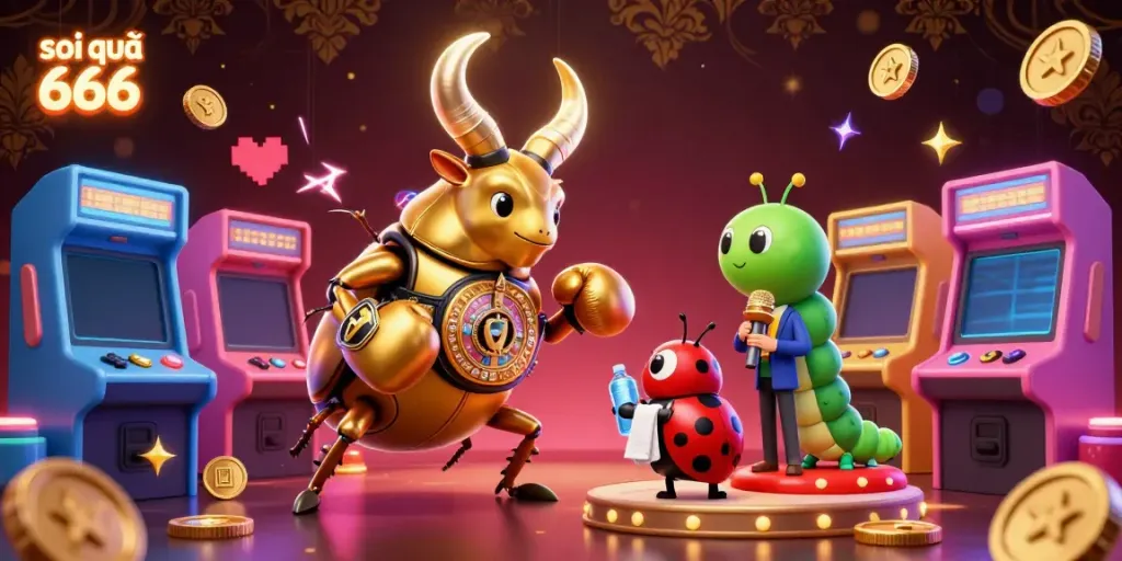 Soi cầu 666 champions in a vibrant casino scene featuring a golden stag beetle and a ladybug, surrounded by arcade games.