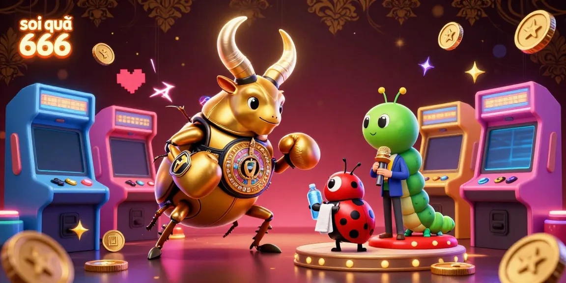 Soi cầu 666 champions in a vibrant casino scene featuring a golden stag beetle and a ladybug, surrounded by arcade games.