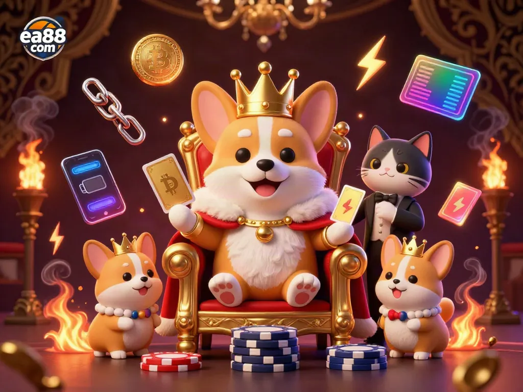 Experience the thrill of winning on ea88 com with royal corgis and crypto coins in an exciting casino scene.