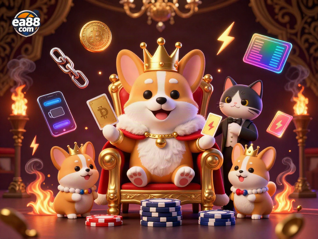 Experience the thrill of winning on ea88 com with royal corgis and crypto coins in an exciting casino scene.