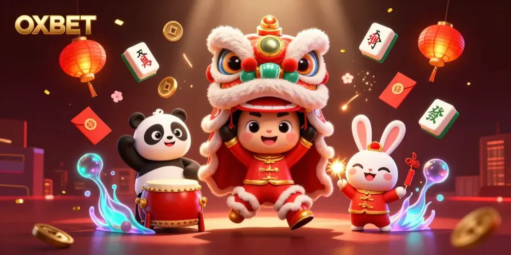 Experience thrilling OXBET games with vibrant characters celebrating and rich casino elements.