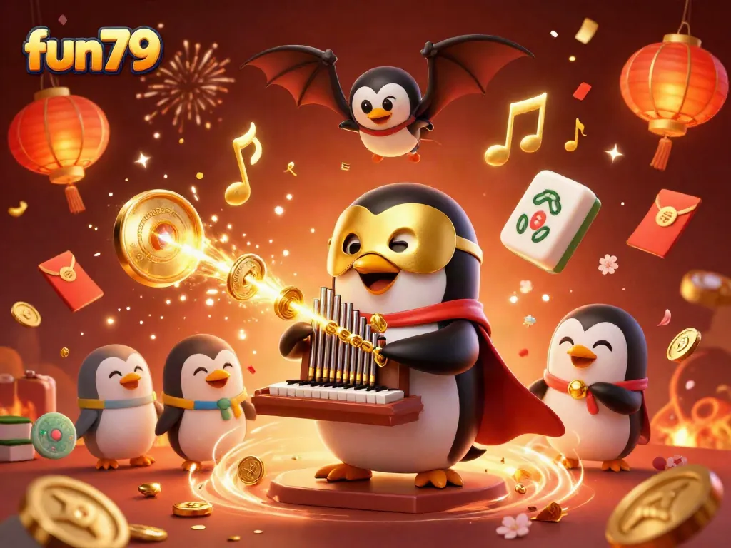 Experience the excitement of fun79 with a dynamic 3D illustration showcasing a penguin playing an organ with coins!