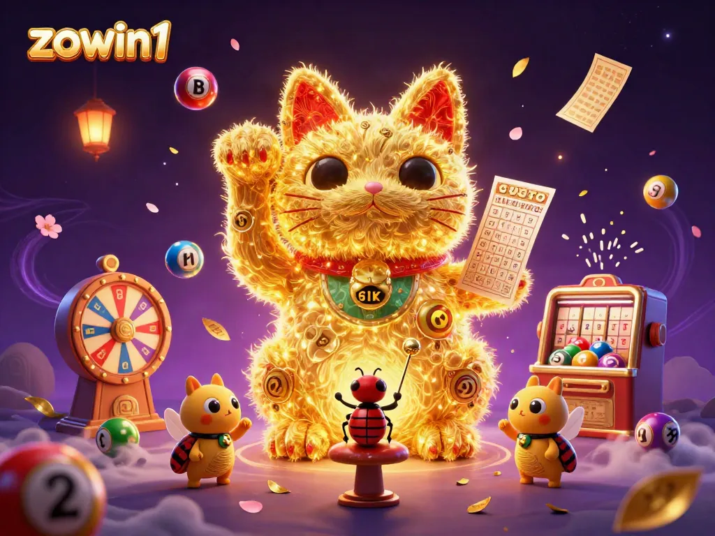 Join the fun at zowin1 with a vibrant lucky cat illustration in a dynamic casino setting.