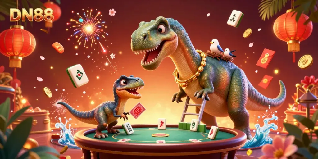 Experience the thrilling atmosphere of DN88 as a cartoon brontosaurus towers over a dynamic poker table, showcasing a vibrant casino scene.