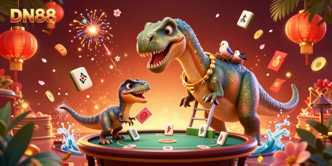 Experience the thrilling atmosphere of DN88 as a cartoon brontosaurus towers over a dynamic poker table, showcasing a vibrant casino scene.